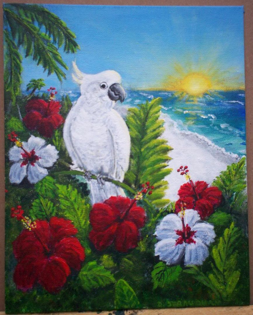 Cockatoo and hibiscus at tropical beach