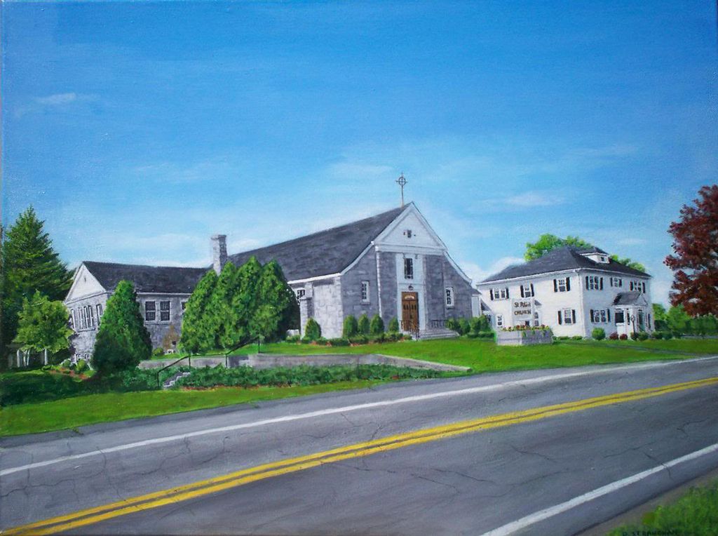 painting of St. Patrick's Church and rectory, Pelham, NH