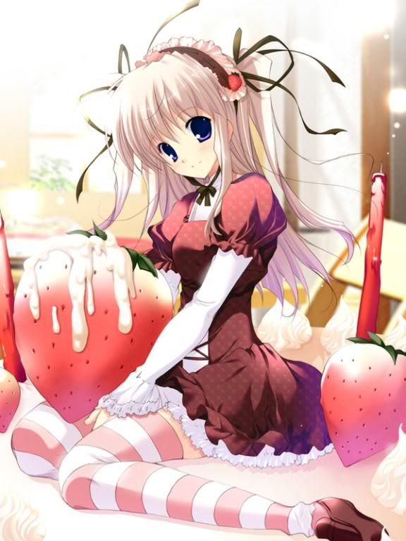 anime girl sitting on a vanilla frosted cake with strawberries Pictures, Images and Photos