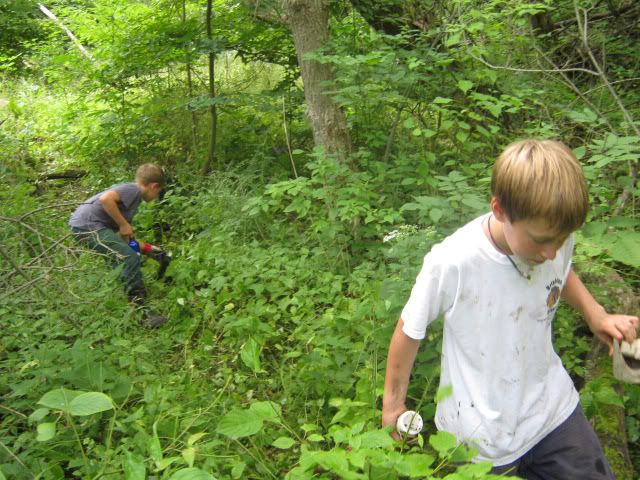 Glover boys explore woods west of Warkworth Ontario in search for old glass bottles