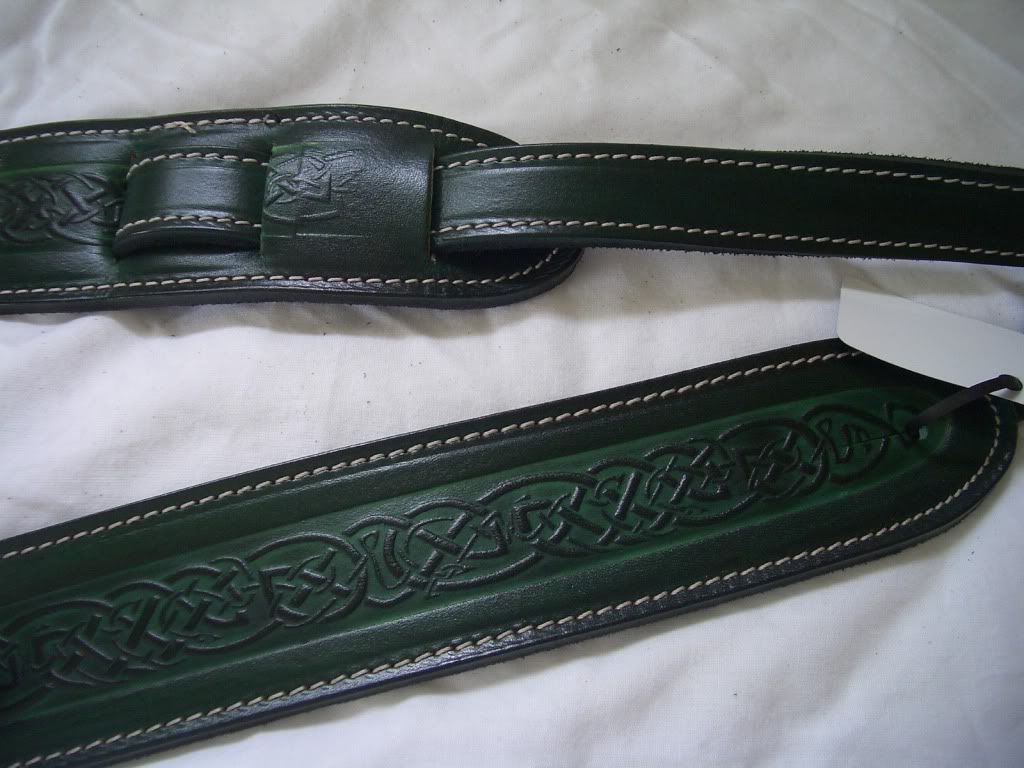 UK MADE EMBOSSED GREEN CELTIC DESIGN REAL LEATHER ACOUSTIC ELECTRIC