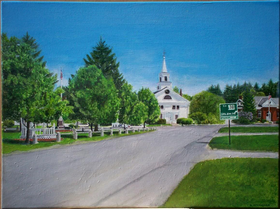 painting of the view down Common St., Pelham, NH in May