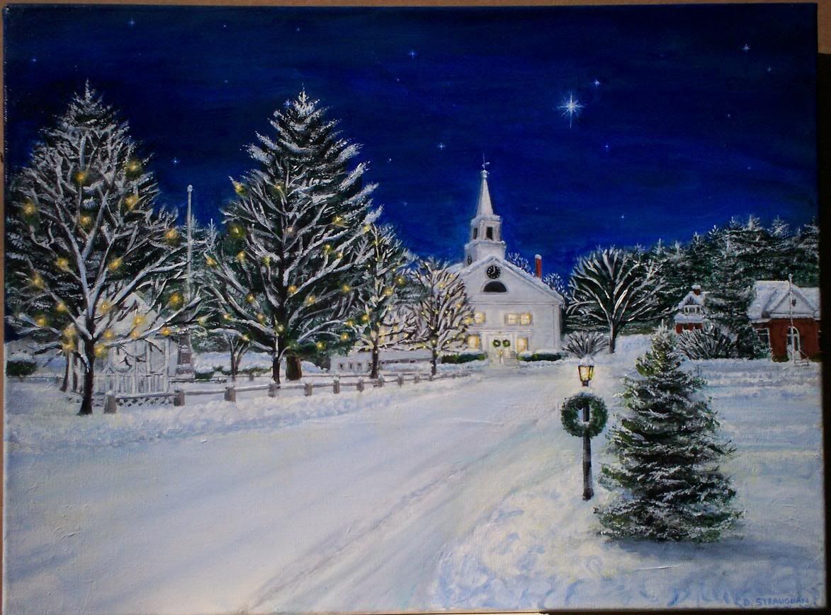 painting of Common street at Christmas, Pelham, NH