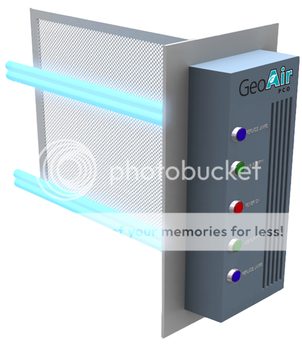 GeoAir PCO air purifier unit that uses ultraviolet light to break apart organic molecules suspended in mid air